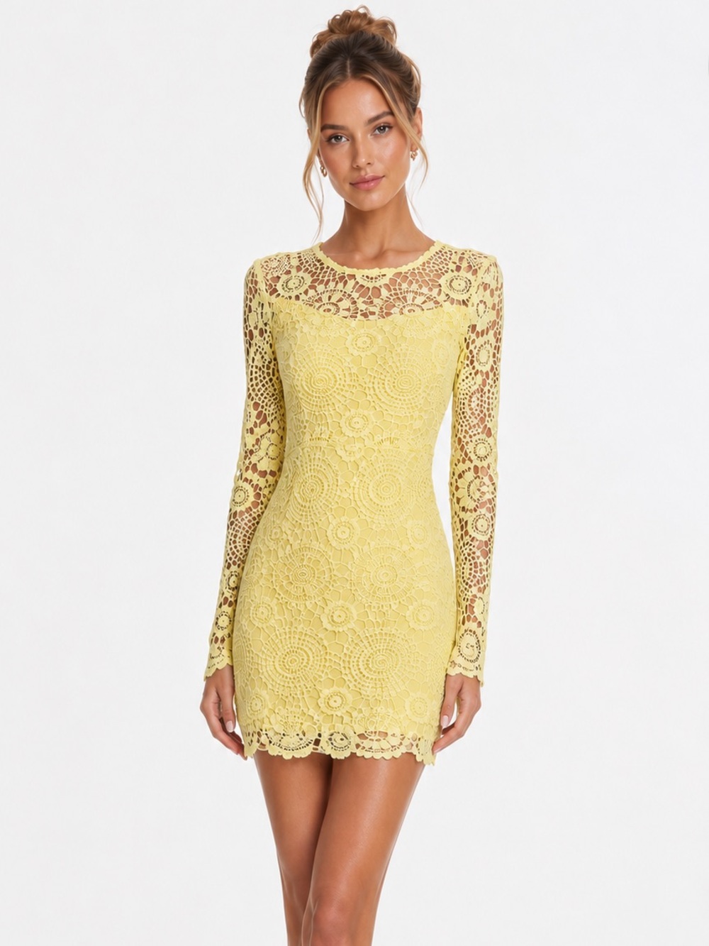 HIGH STREET Yellow Crochet Lace Long Sleeve Mini Dress | Floral Boho Sheath XS